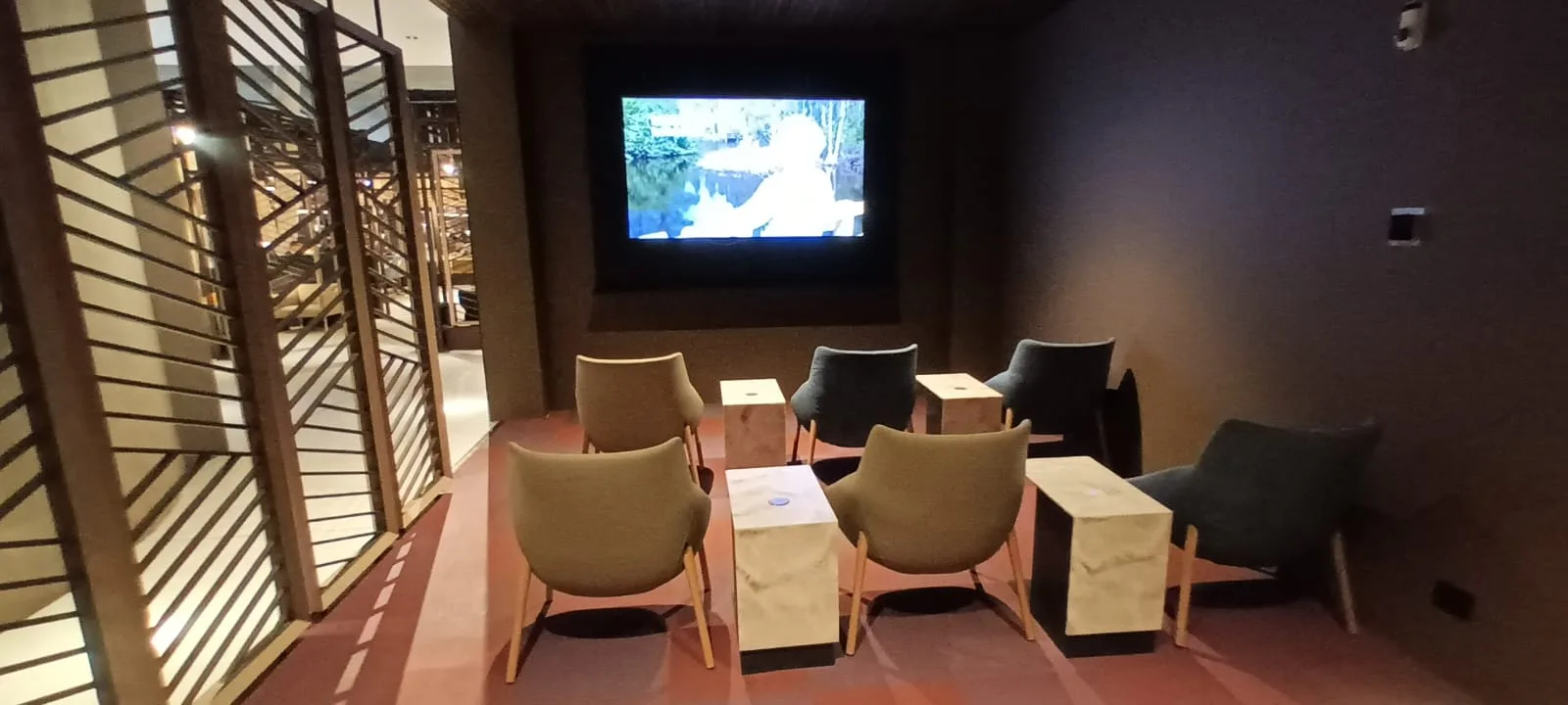 Kleiner Raum mit Sesseln und Fernseher