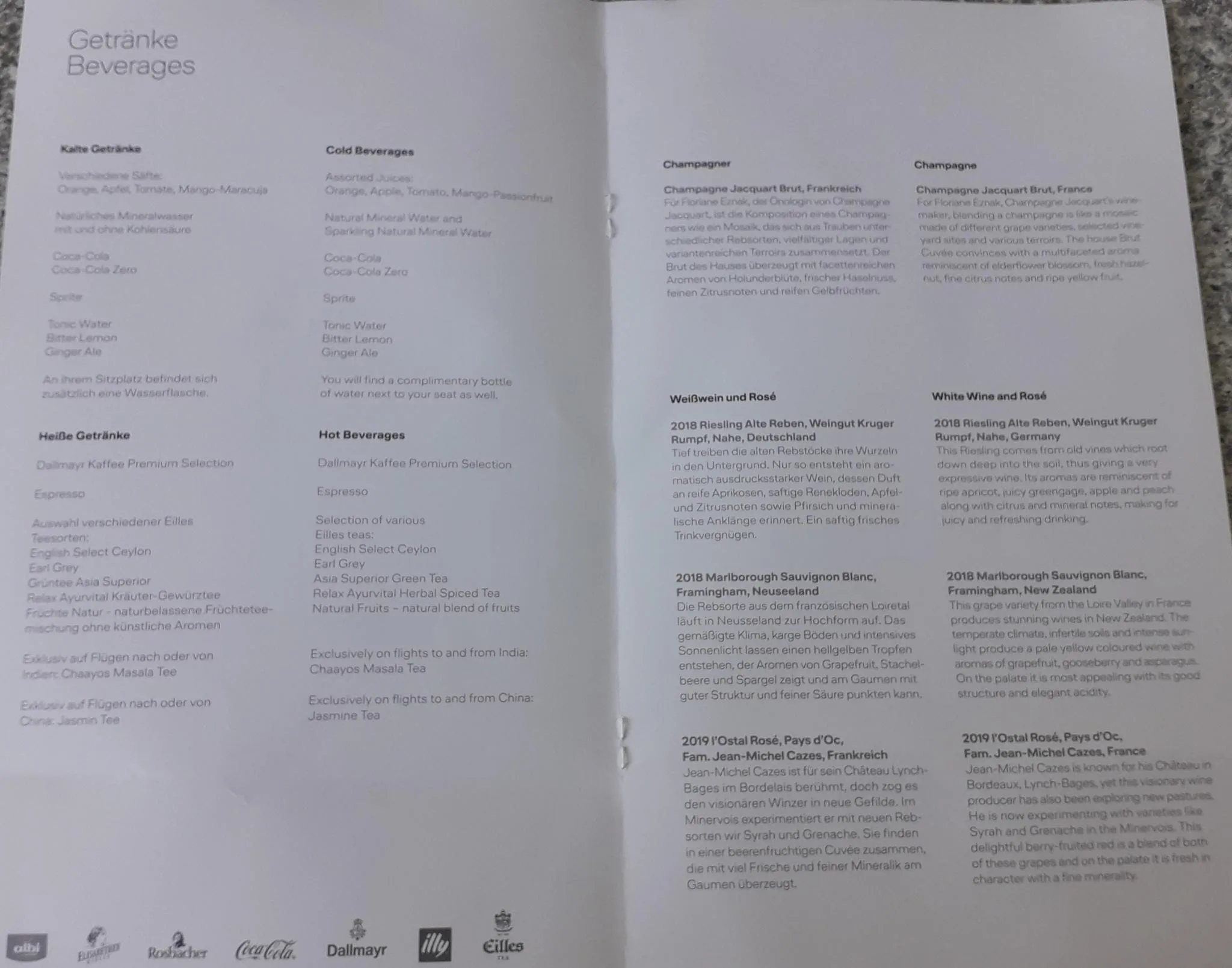 Getränkekarte für Lufthansa Business Class