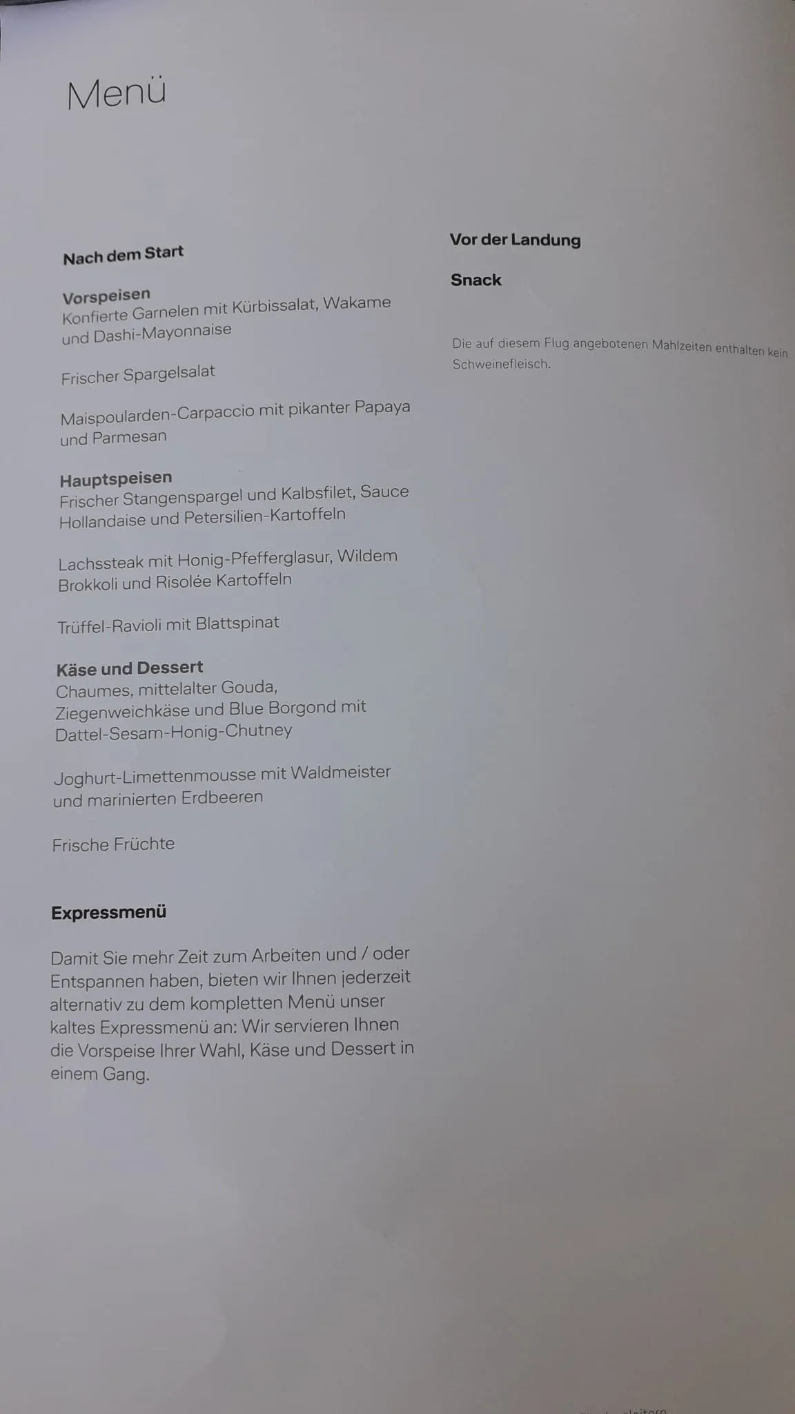 Business Class Menükarte mit Speisen und Desserts