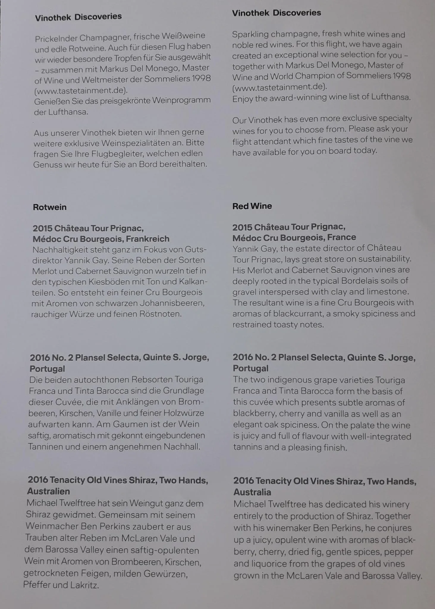 Weinmenükarte für Lufthansa Business Class