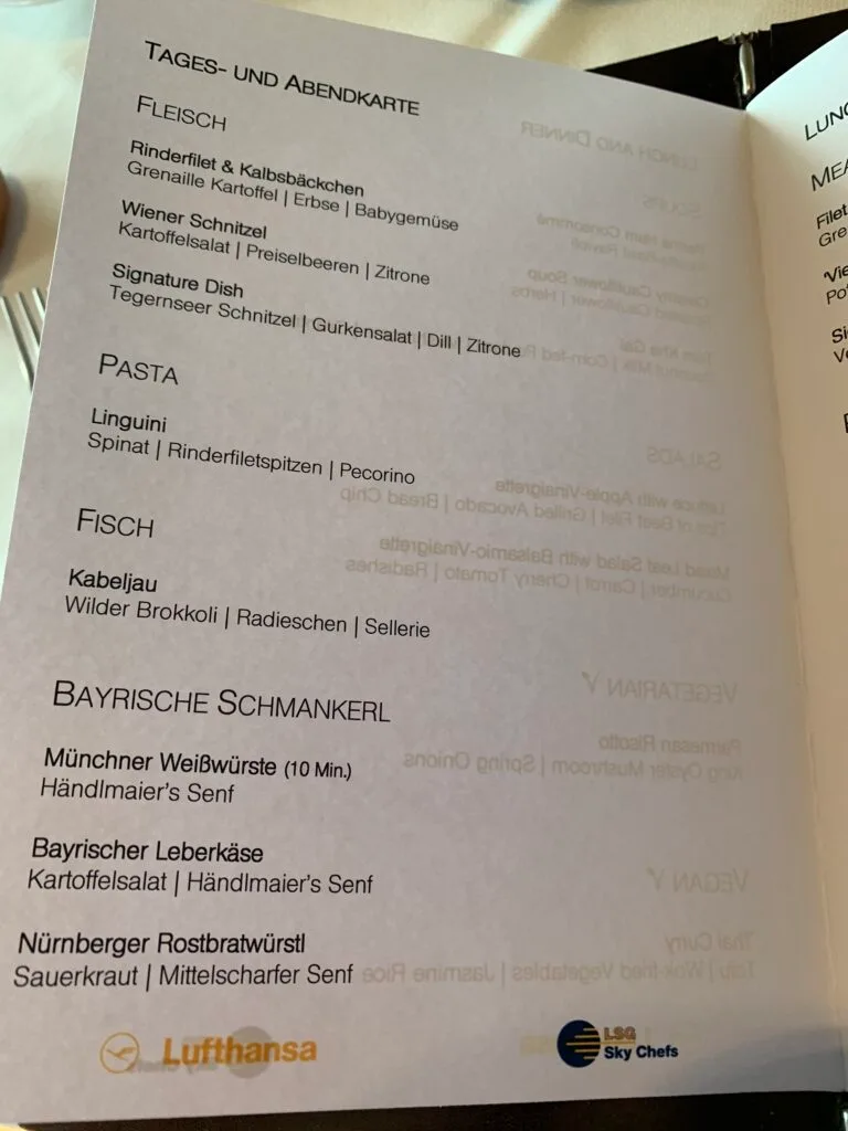 Speisekarte für Tages- und Abendkarte im Lufthansa First Class Lounge München