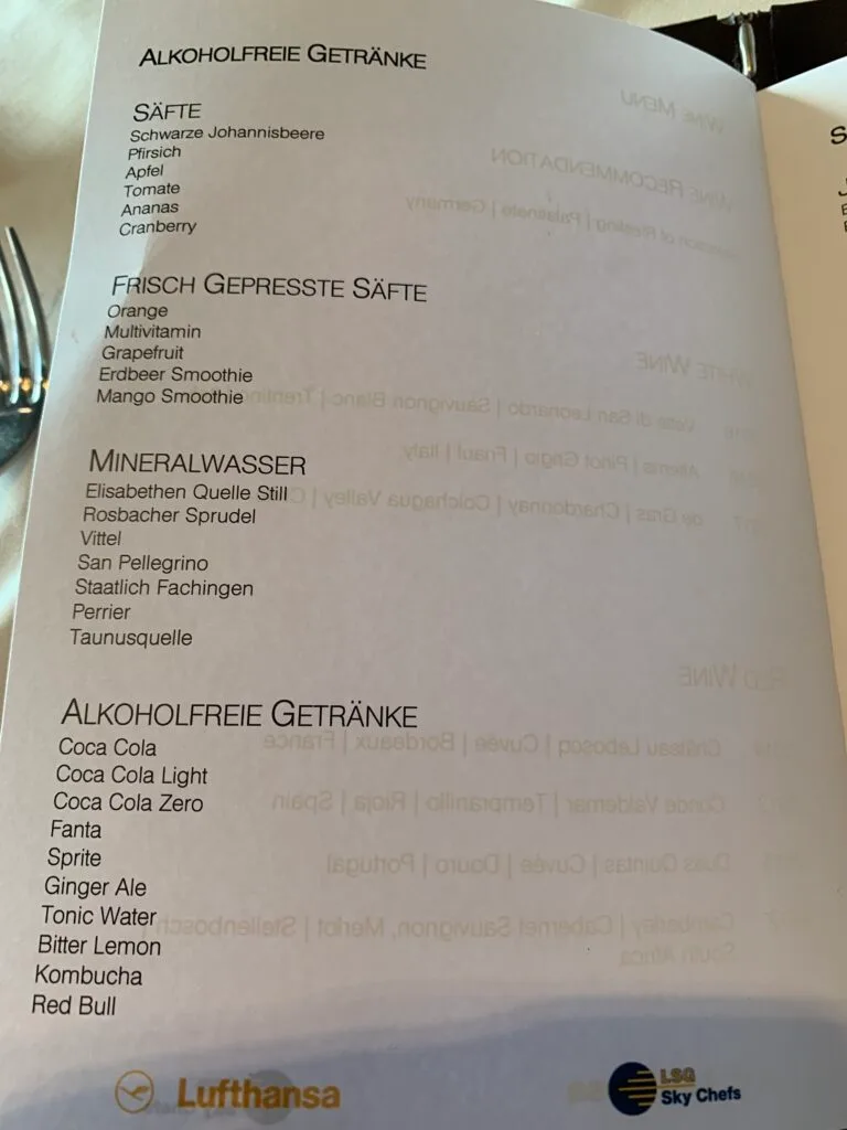 Getränke-Menü im Lufthansa First Class Lounge München