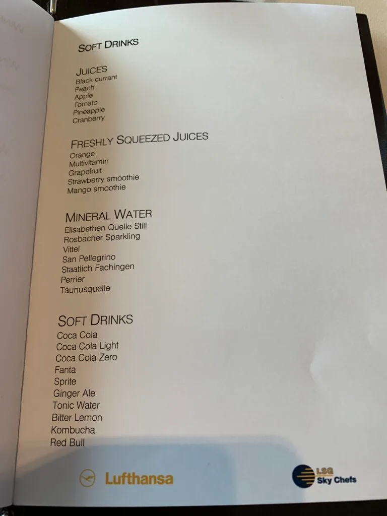 Getränke-Menü im Lufthansa First Class Lounge München