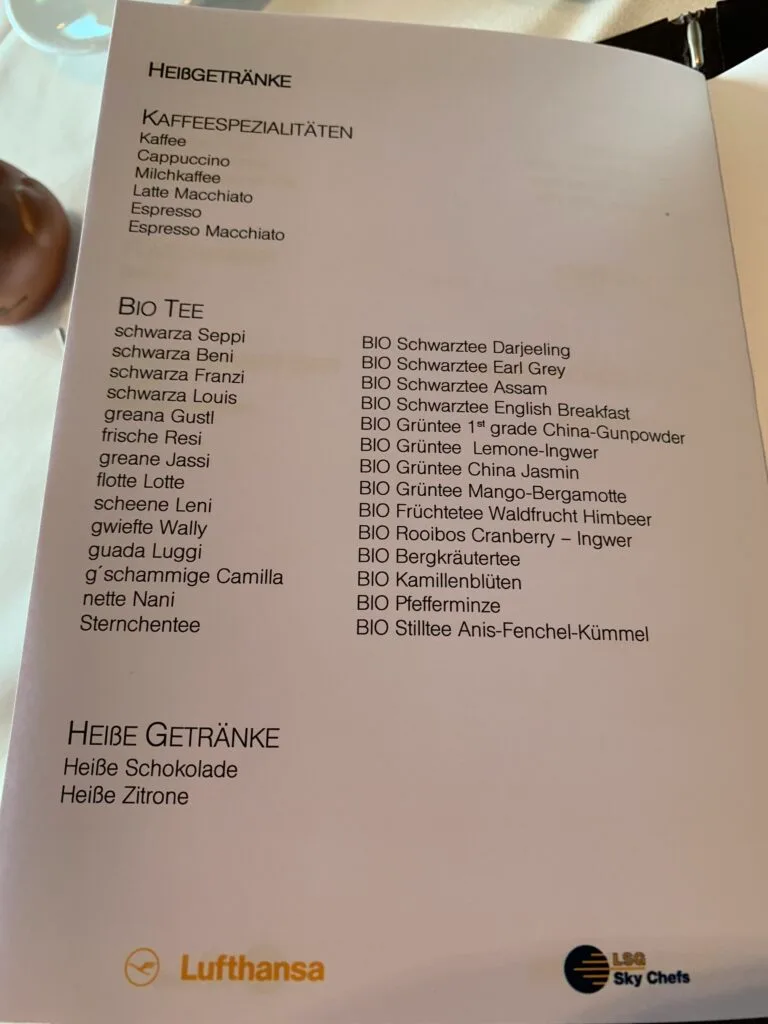 Getränke-Menü im Lufthansa First Class Lounge München