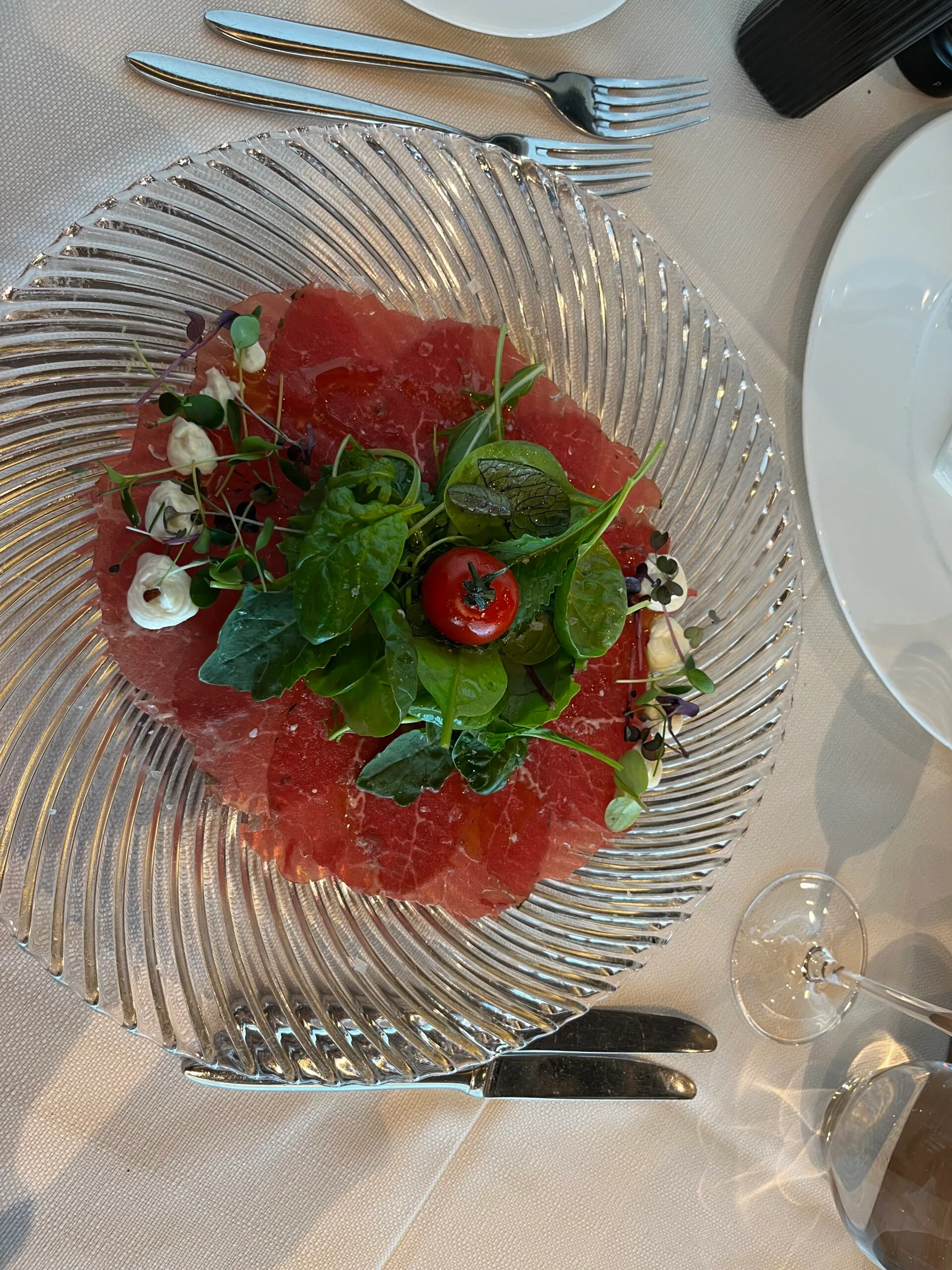 Gefüllter Teller mit rotem Lachs und Salat auf glänzender Platte
