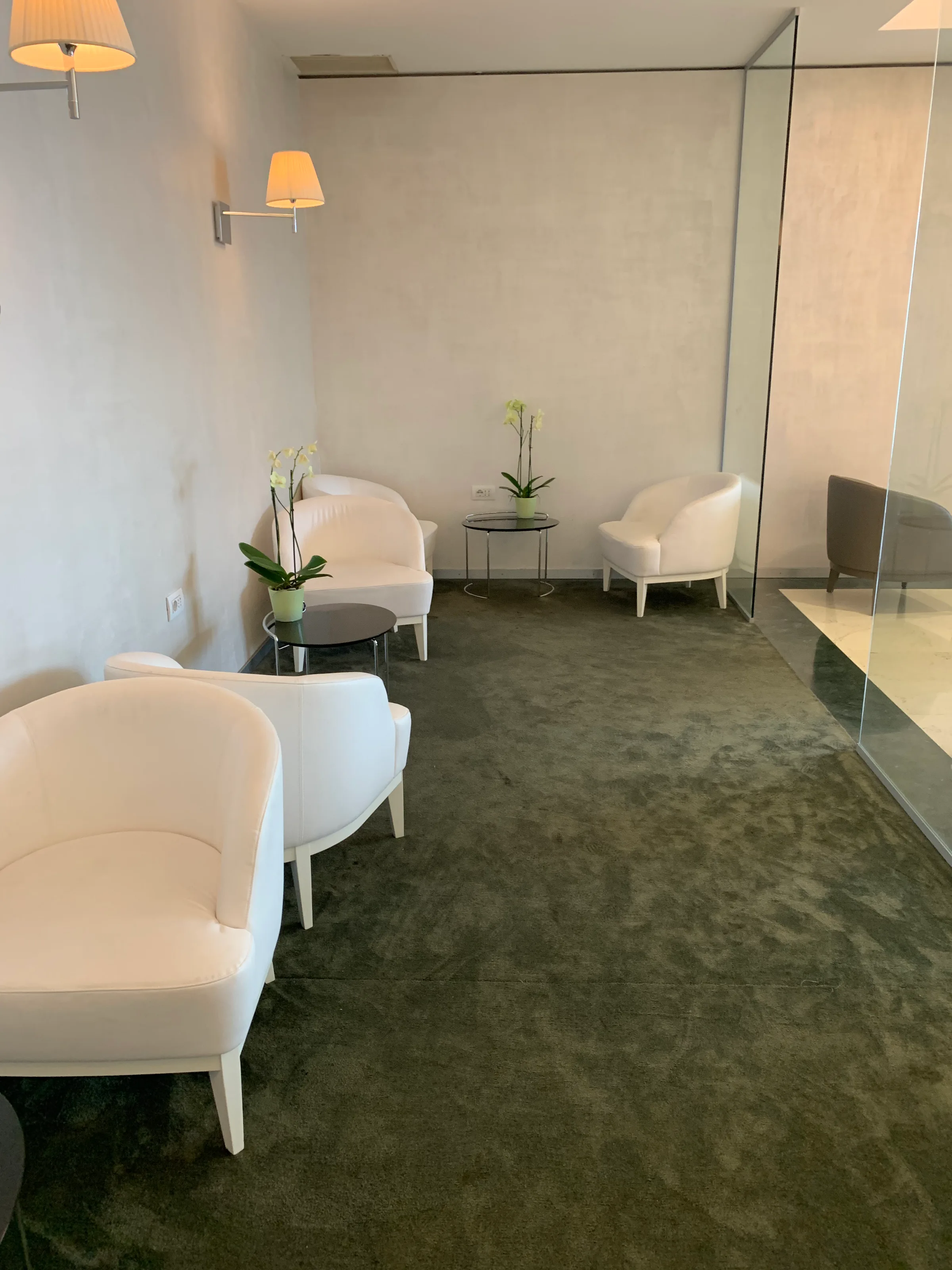Wartezimmer mit weißen Sesseln und grünem Teppich