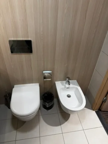 Moderne Toilette mit Bidet und integriertem Papierhalter