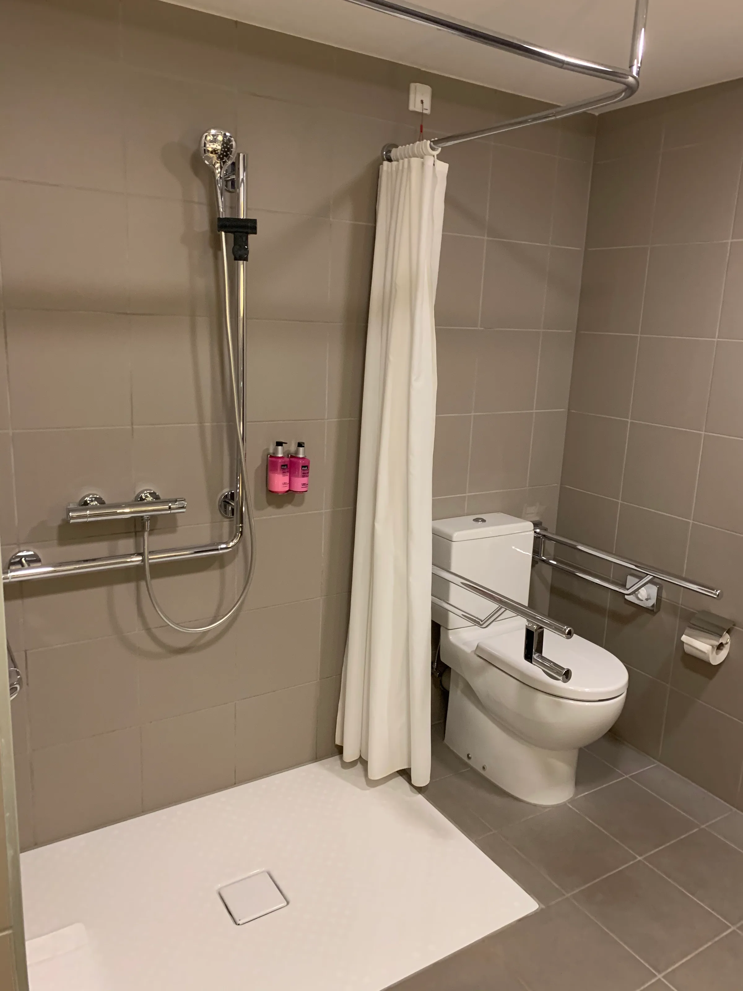 Handicap-freundliches Badezimmer mit Dusche und Toilette