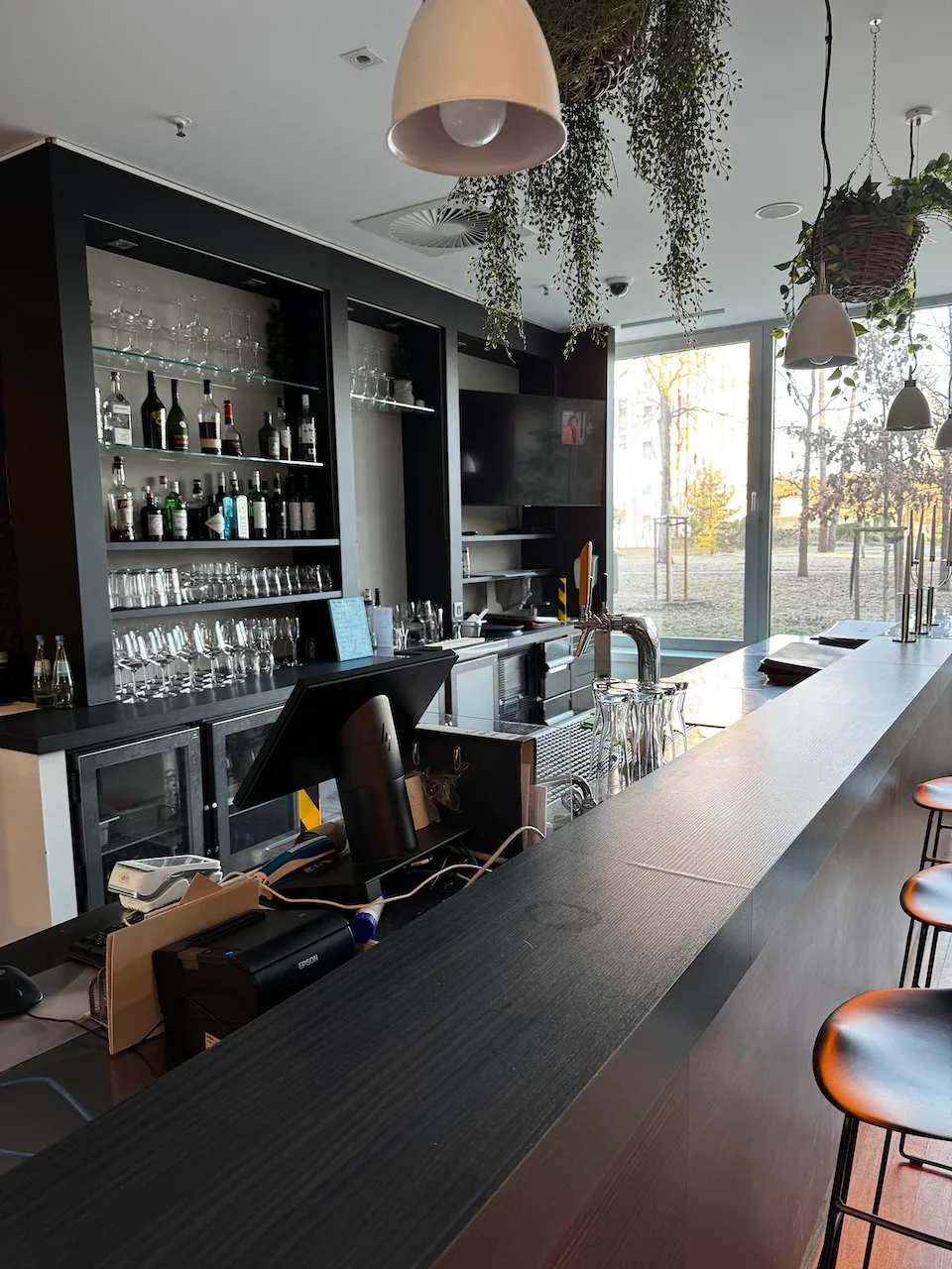 Bar mit Regal voller Gläser und Flaschen im Hintergrund