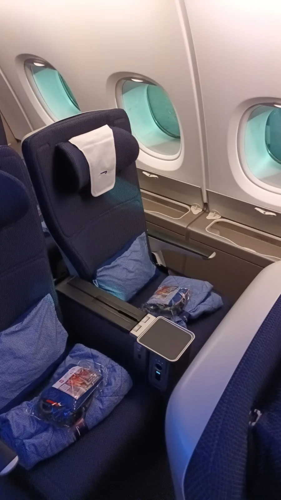 Premium Economy Sitz im Flugzeug mit Kopfstütze und Armlehne