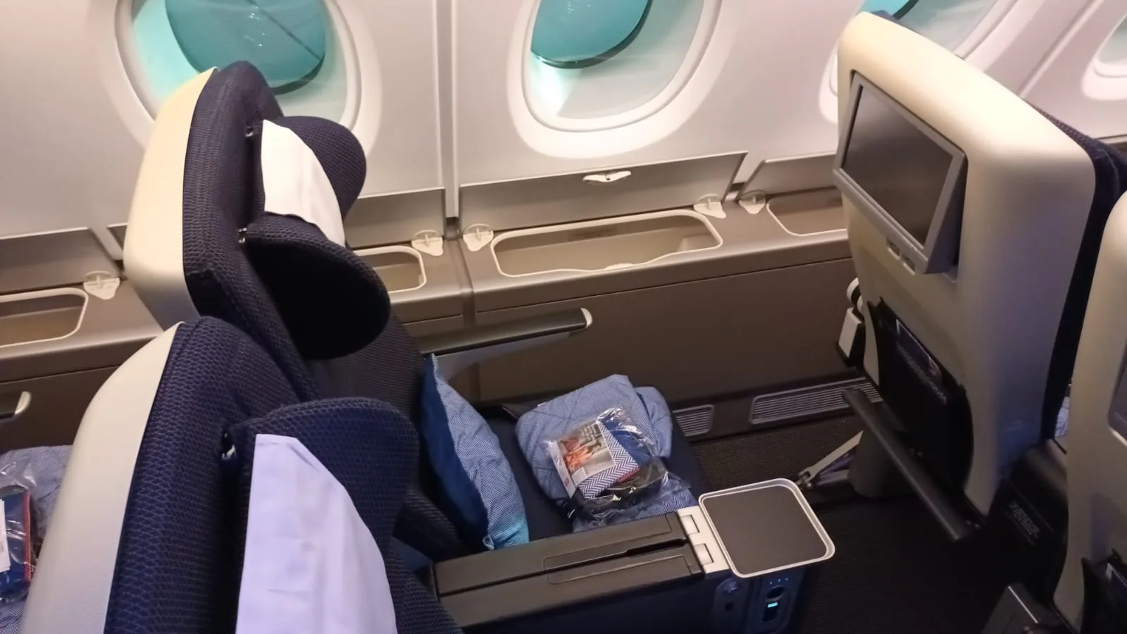 Premium Economy Sitz im Flugzeug mit Kopfstütze und Armlehne