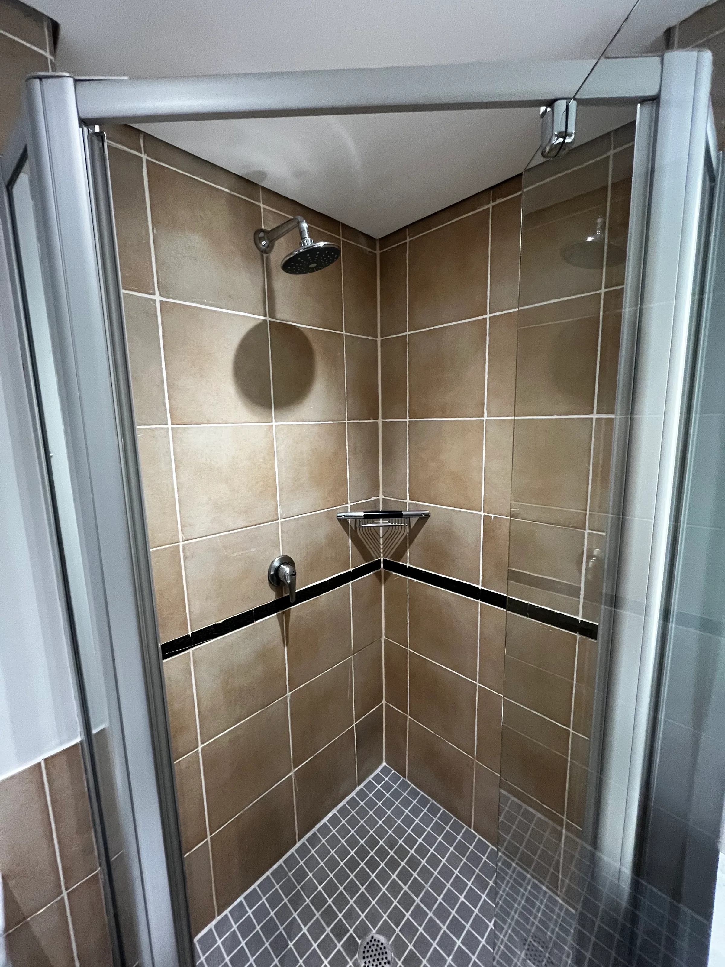 Duschbereich mit Fliesenwand und Duschkopf