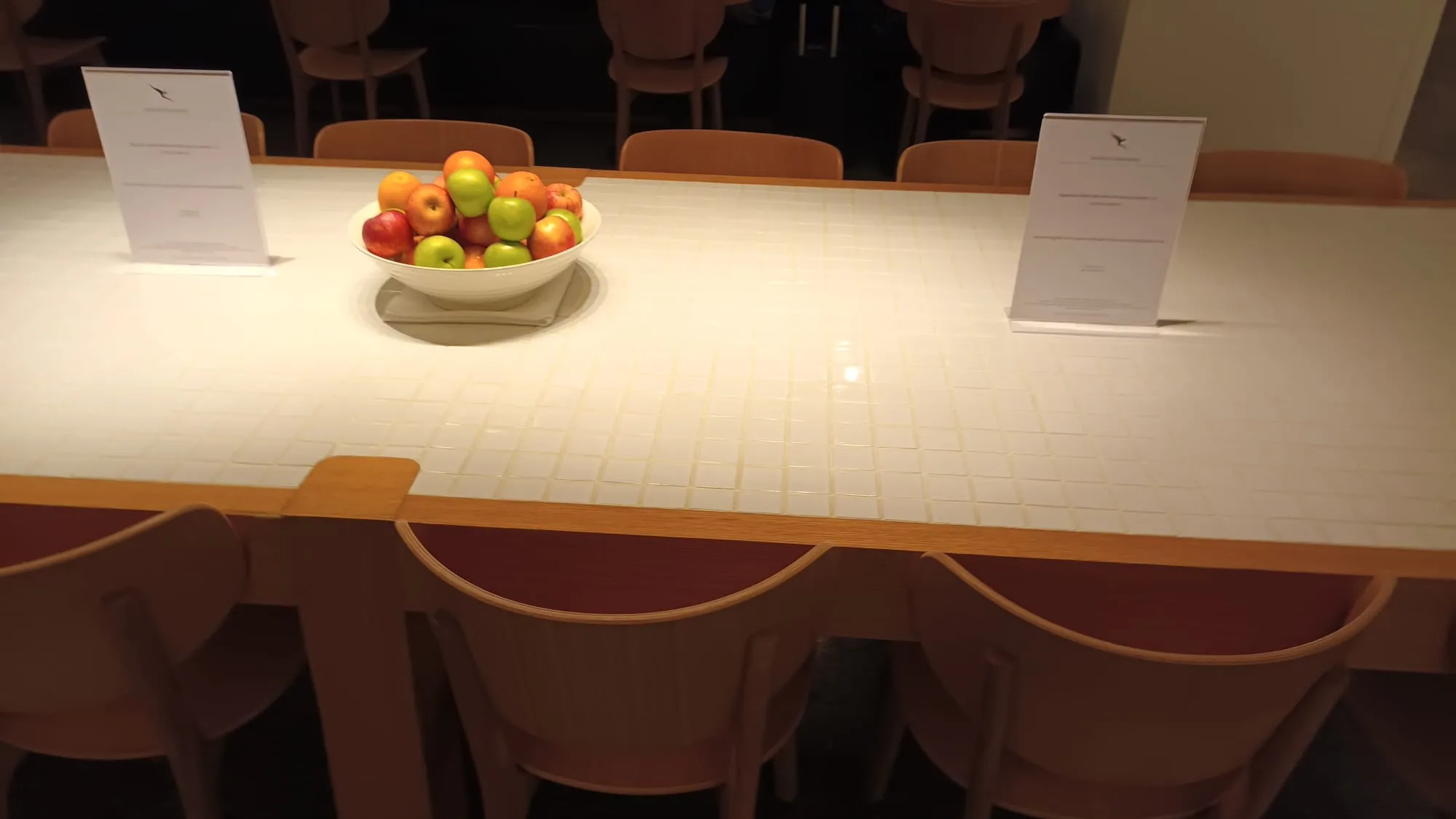 Tisch mit Obstschale und Informationsblättern im Flughafenlounge