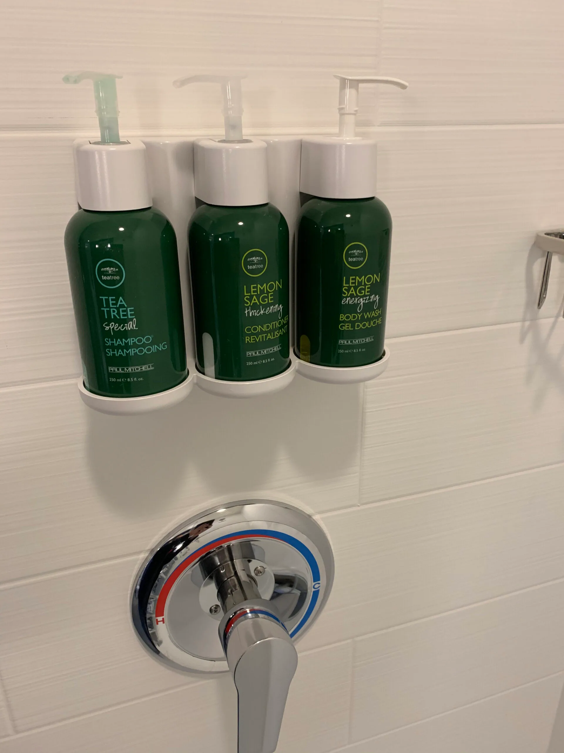 Drei Flaschen mit Shampoo, Conditioner und Body Wash hängen an einer Wand im Badezimmer
