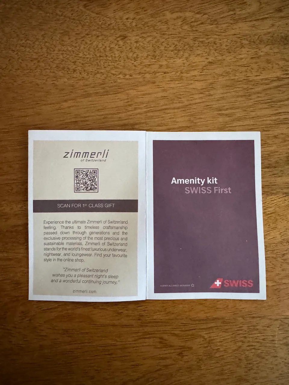 Amenity kit für Swiss First Class mit Zimmerli-Etikett