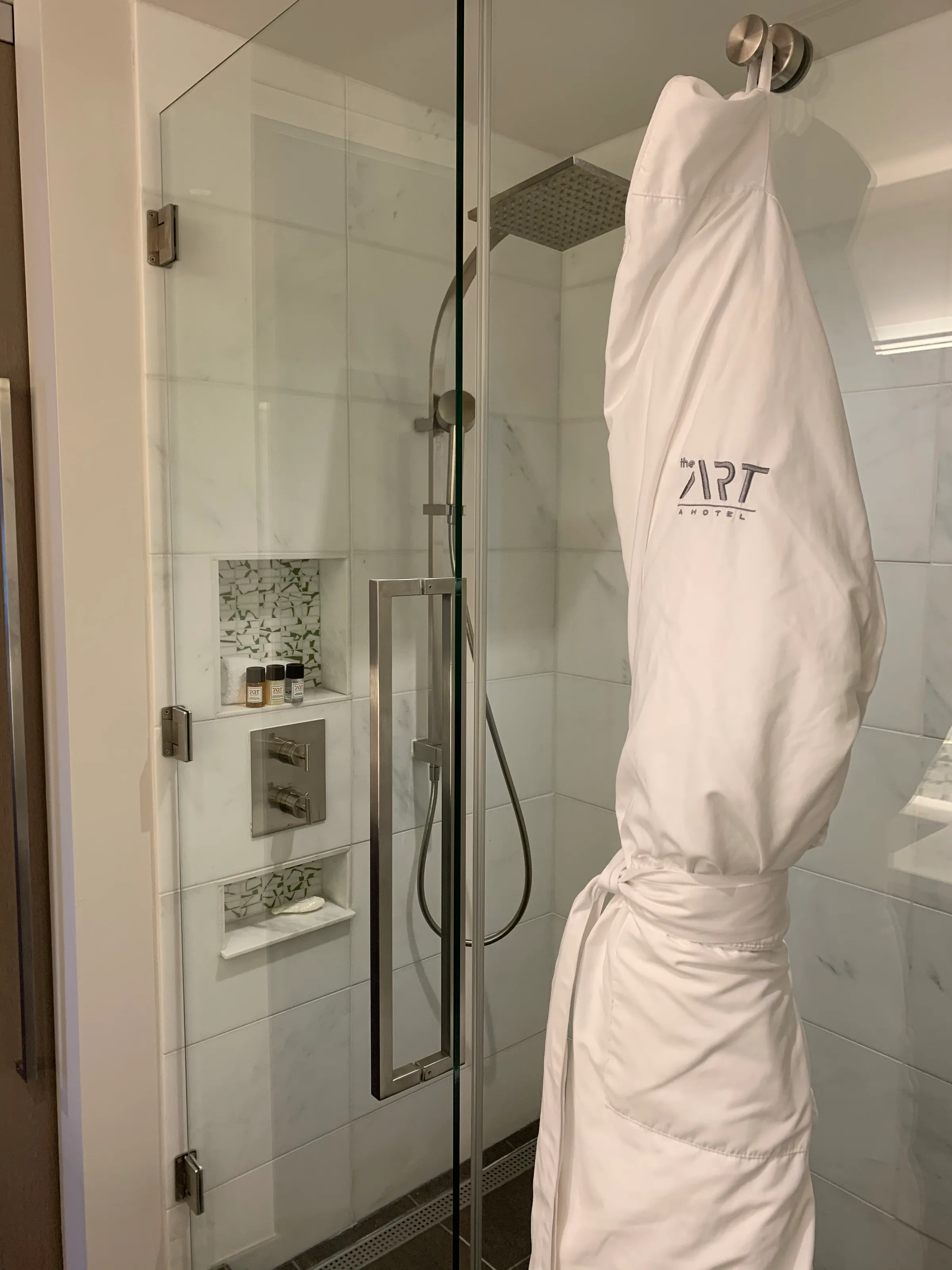 Duschbereich im Hotel mit Glaswand und Handtuchhalter