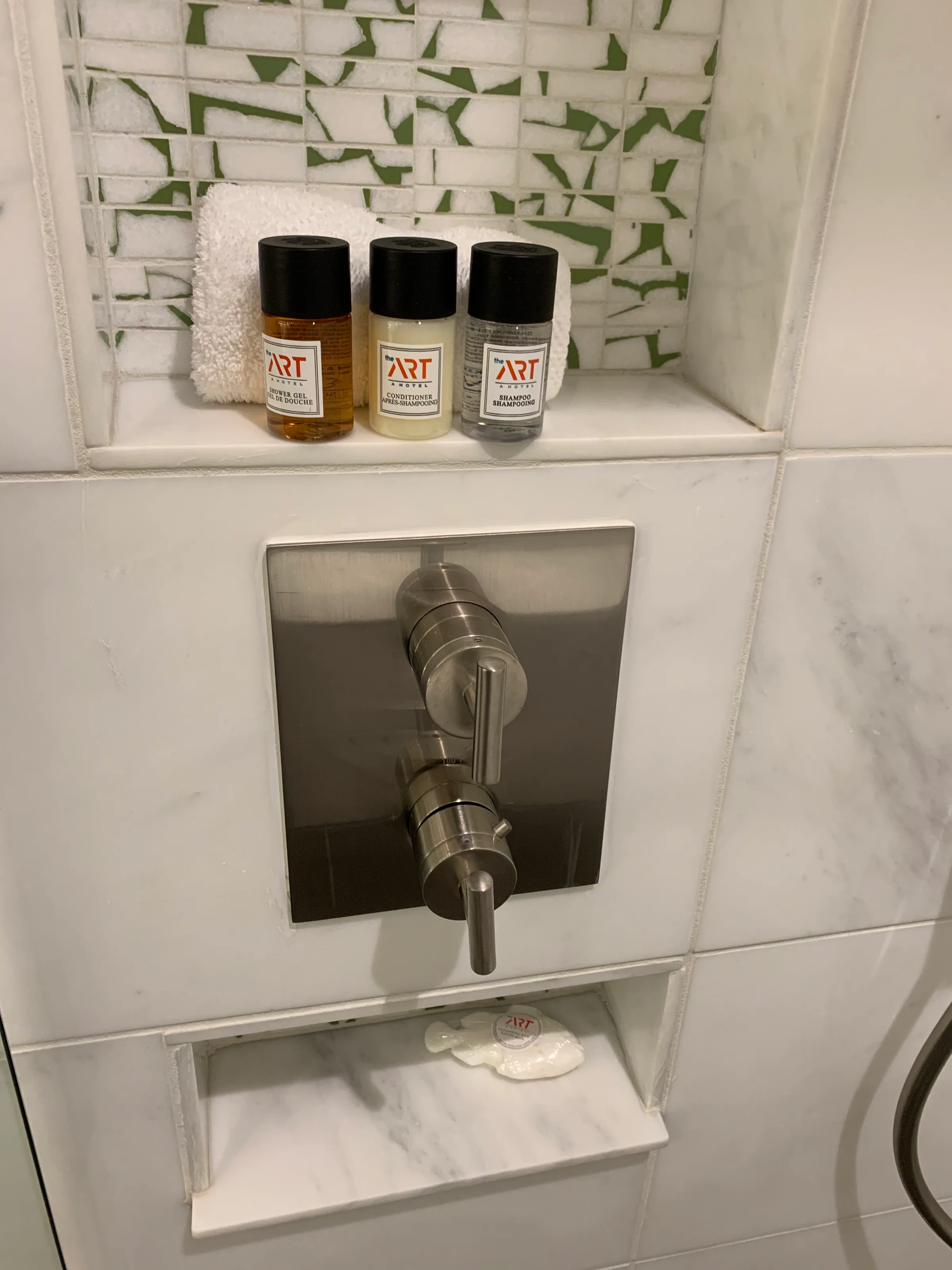 Duschbereich mit Regal und Shampoo-Flaschen