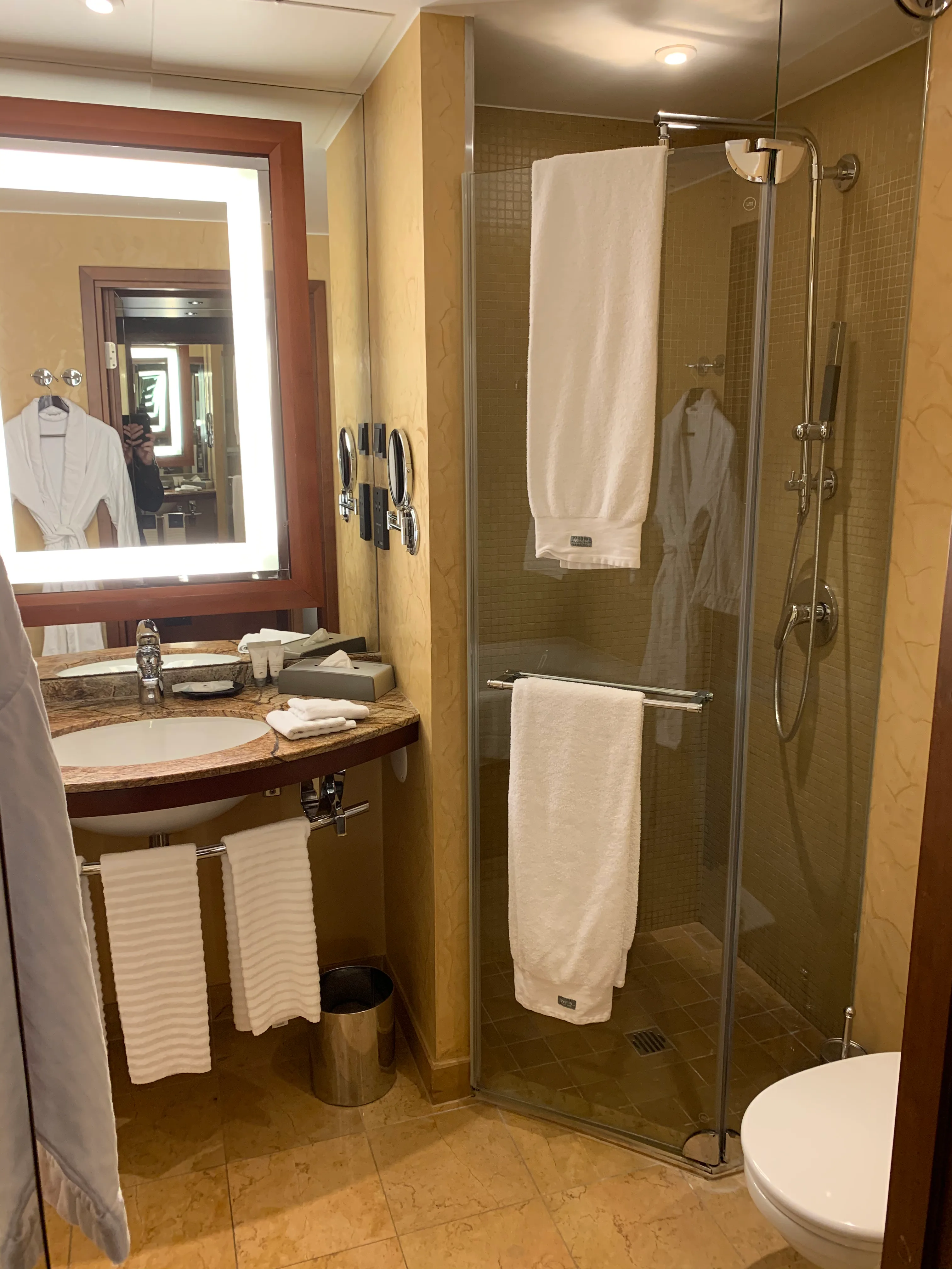 Hotelbad mit Dusche und Handtüchern